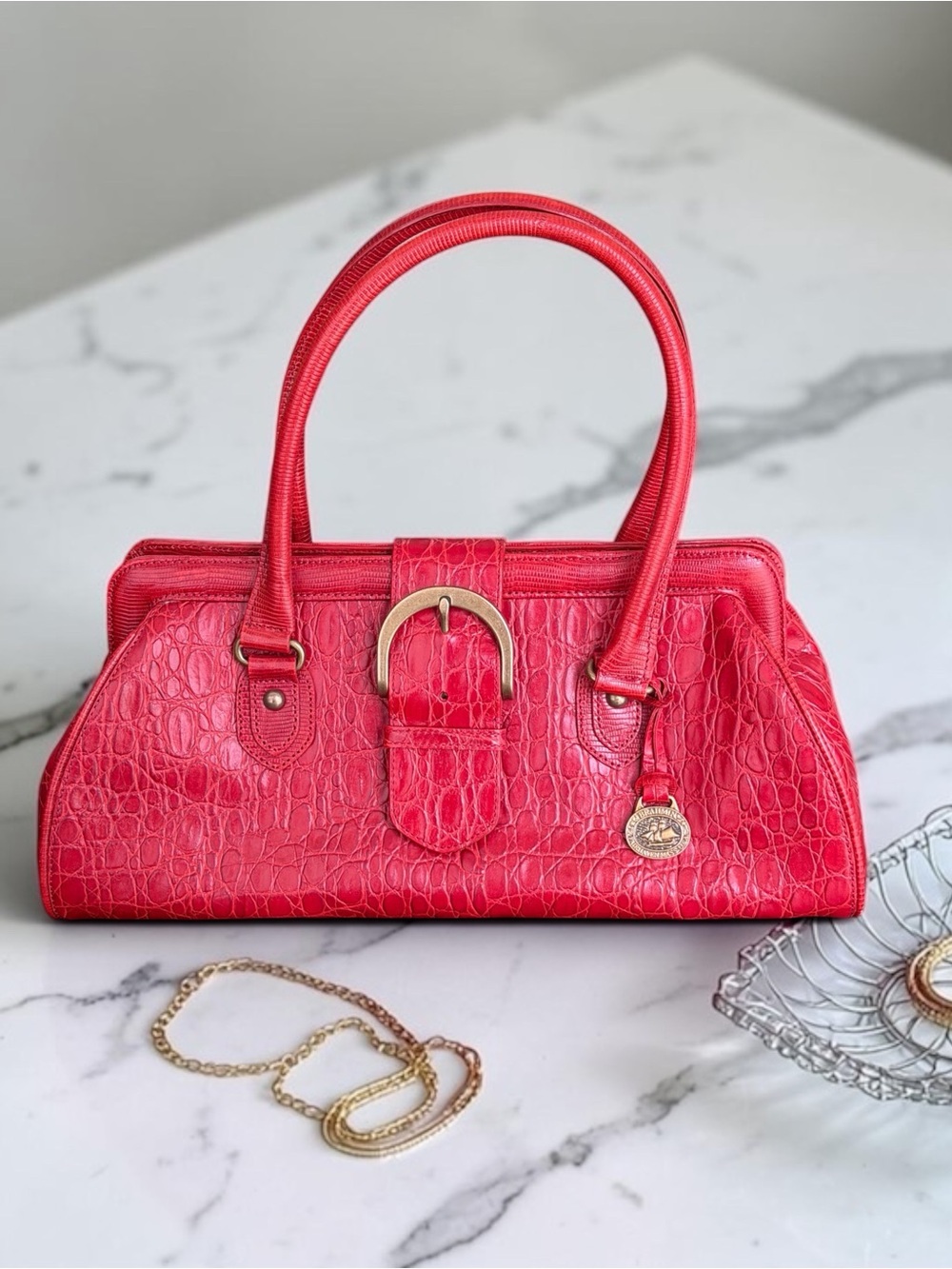 Vintage Brahmin Prissy Collection Vivian Satchel Red Croc Italian Leather Bag